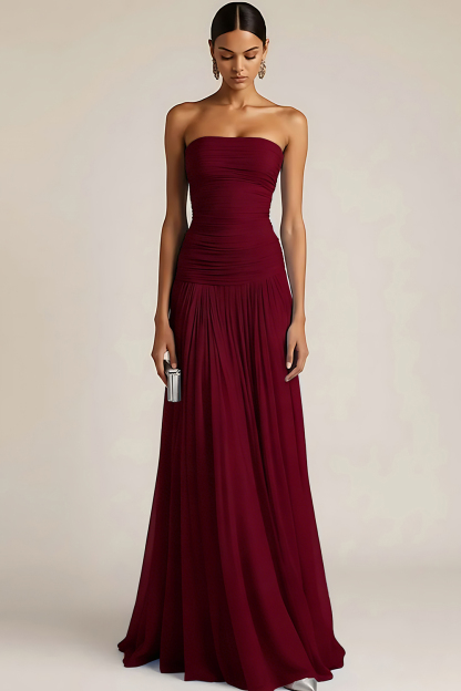 Light Blue Strapless Ruched Maxi Bridesmaid Dress