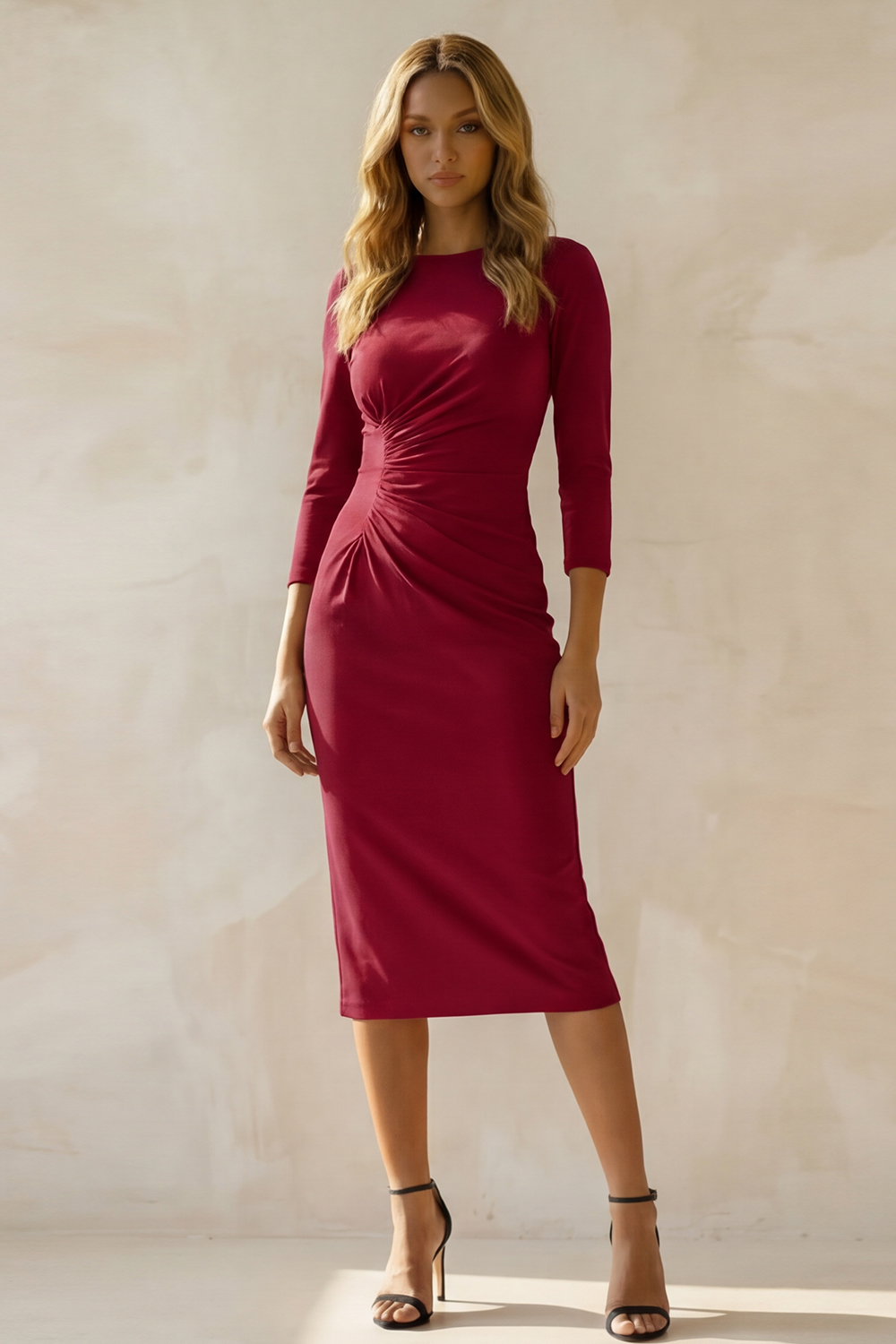 Bodycon Navy Round Neck Midi Ruched Work Dress with Sleeves