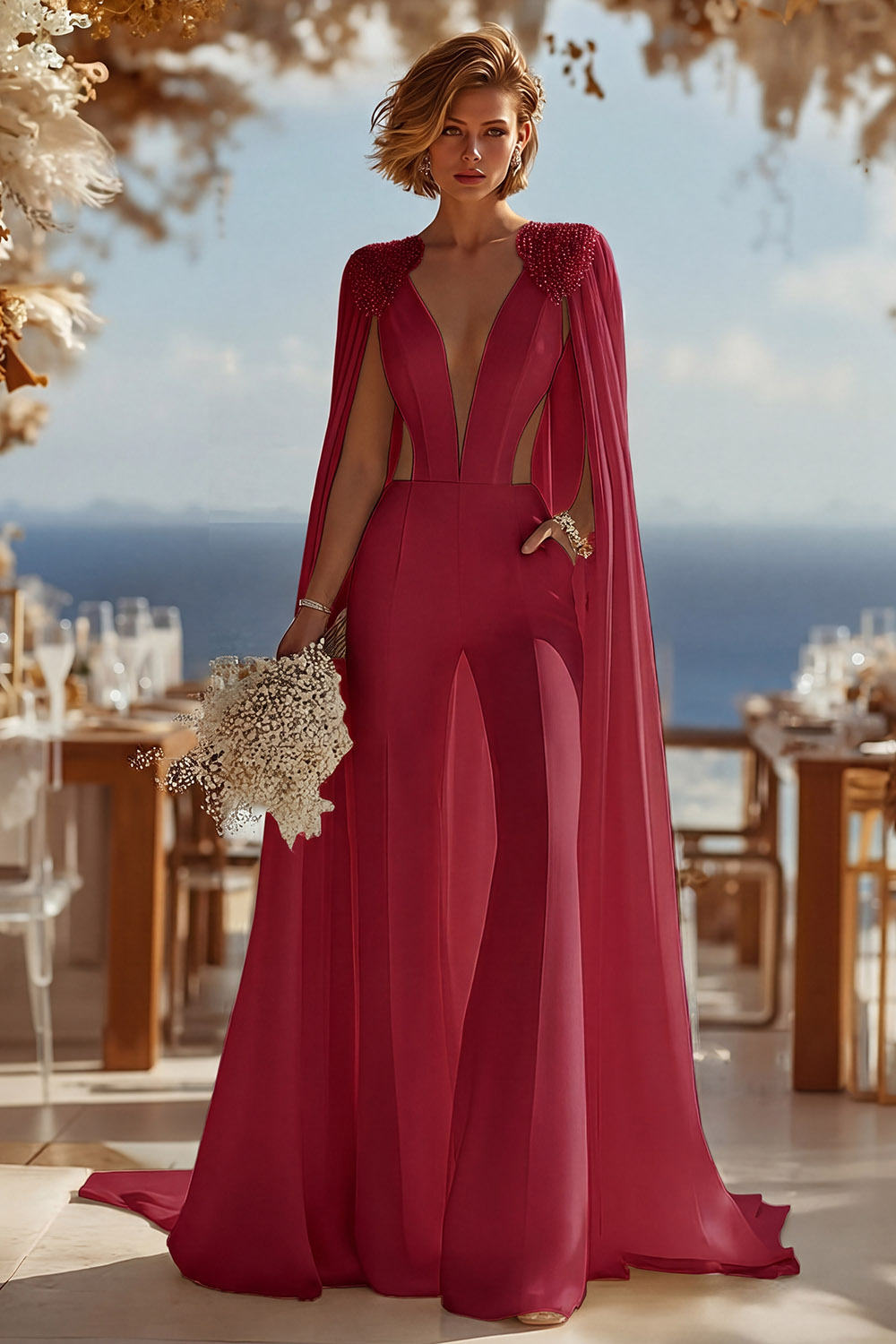 Ivory Cut Out Deep V-Neck Bridal Jumpsuits with Cape