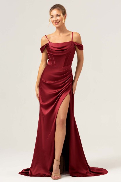 Coffee Cold Shoulder Satin Mermaid Wedding Party Dress with Slit