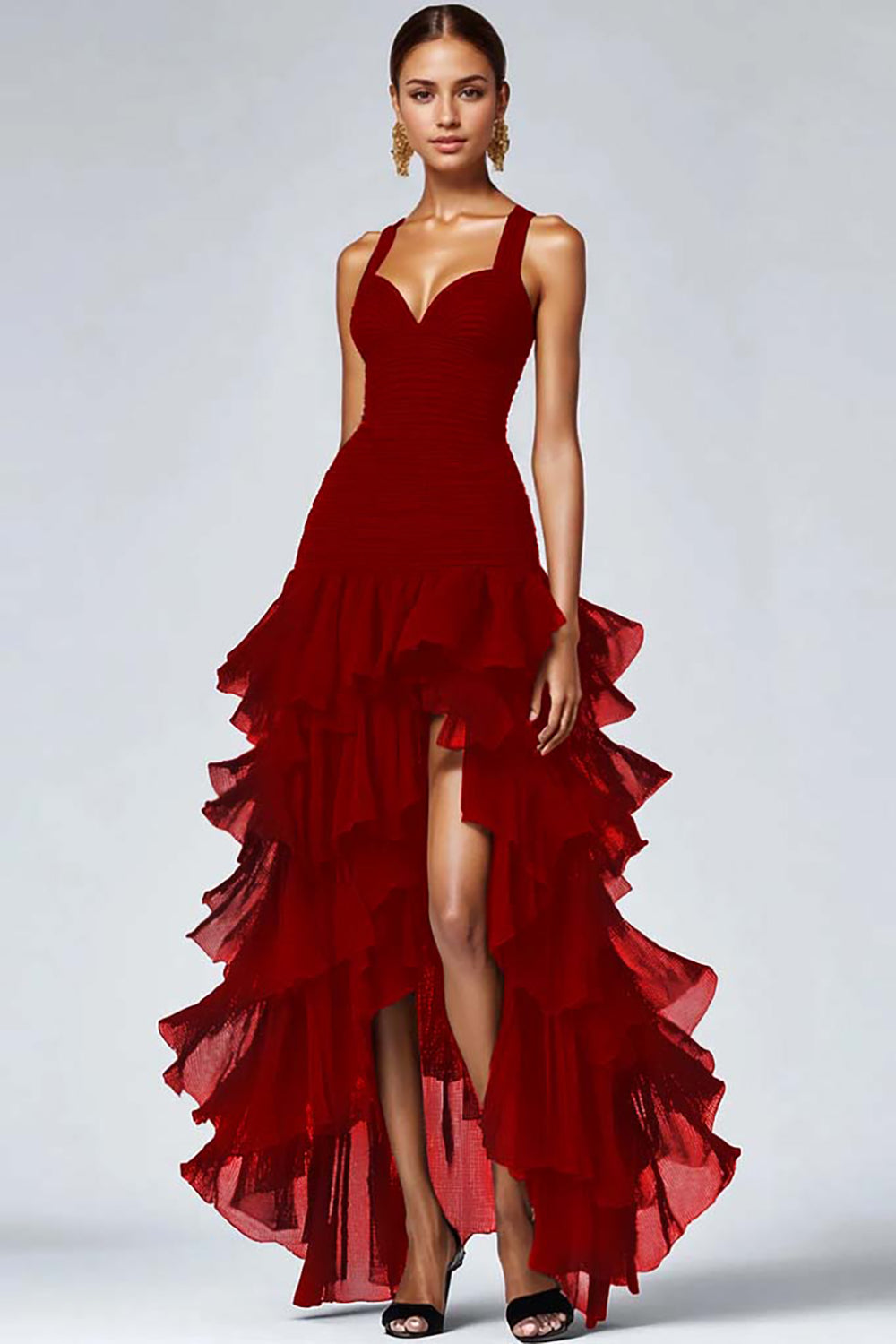 Black Spaghetti Straps Ruffled Long Formal Dress with Slit