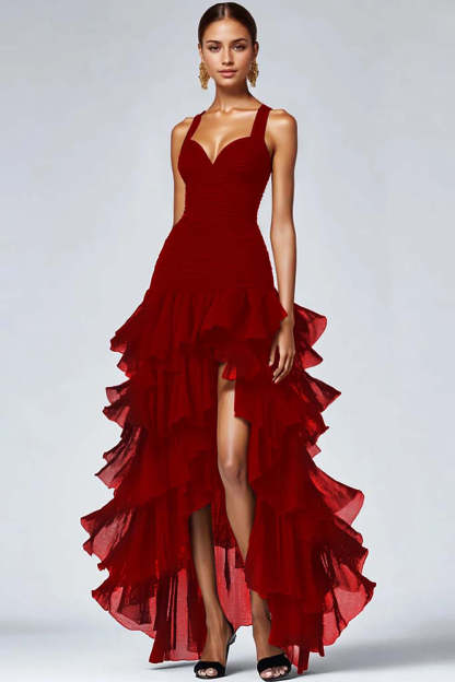 Black Spaghetti Straps Ruffled Long Formal Dress with Slit