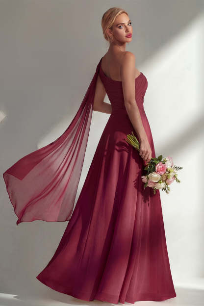 Burgundy One Shoulder Backless Ruched Long Bridesmaid Dress with Slit