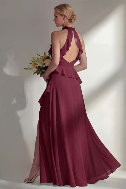 Butter Yellow Ruffled Halter Neck A Line Long Bridesmaid Dress with Slit