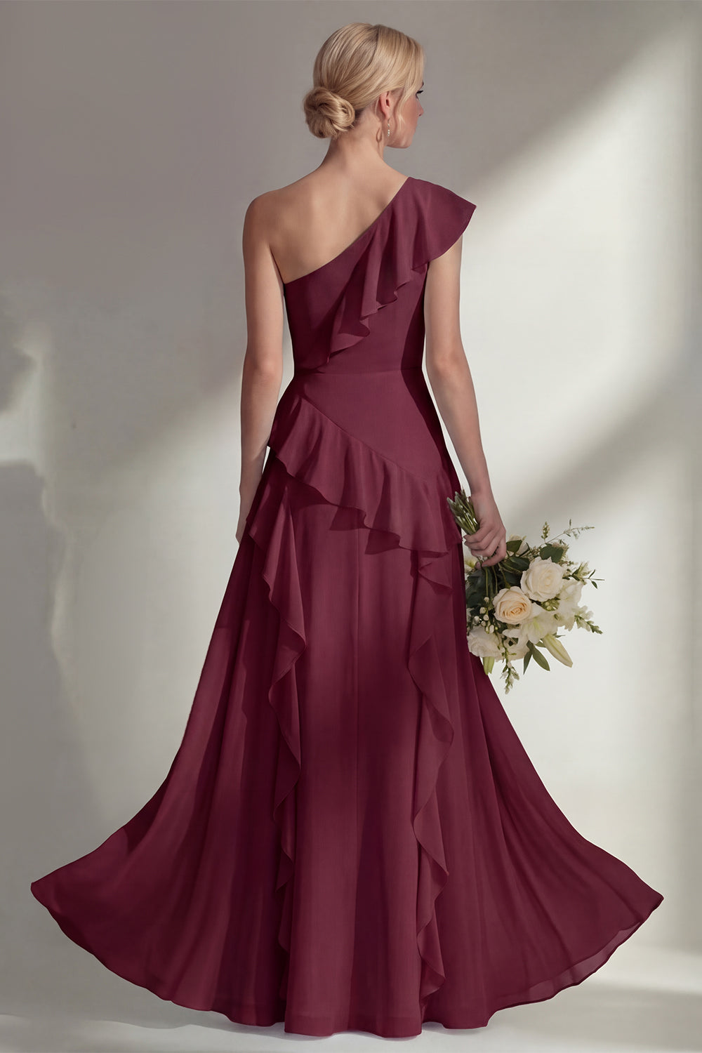 Emerald A Line Ruffled One Shoulder Long Bridesmaid Dress with Slit