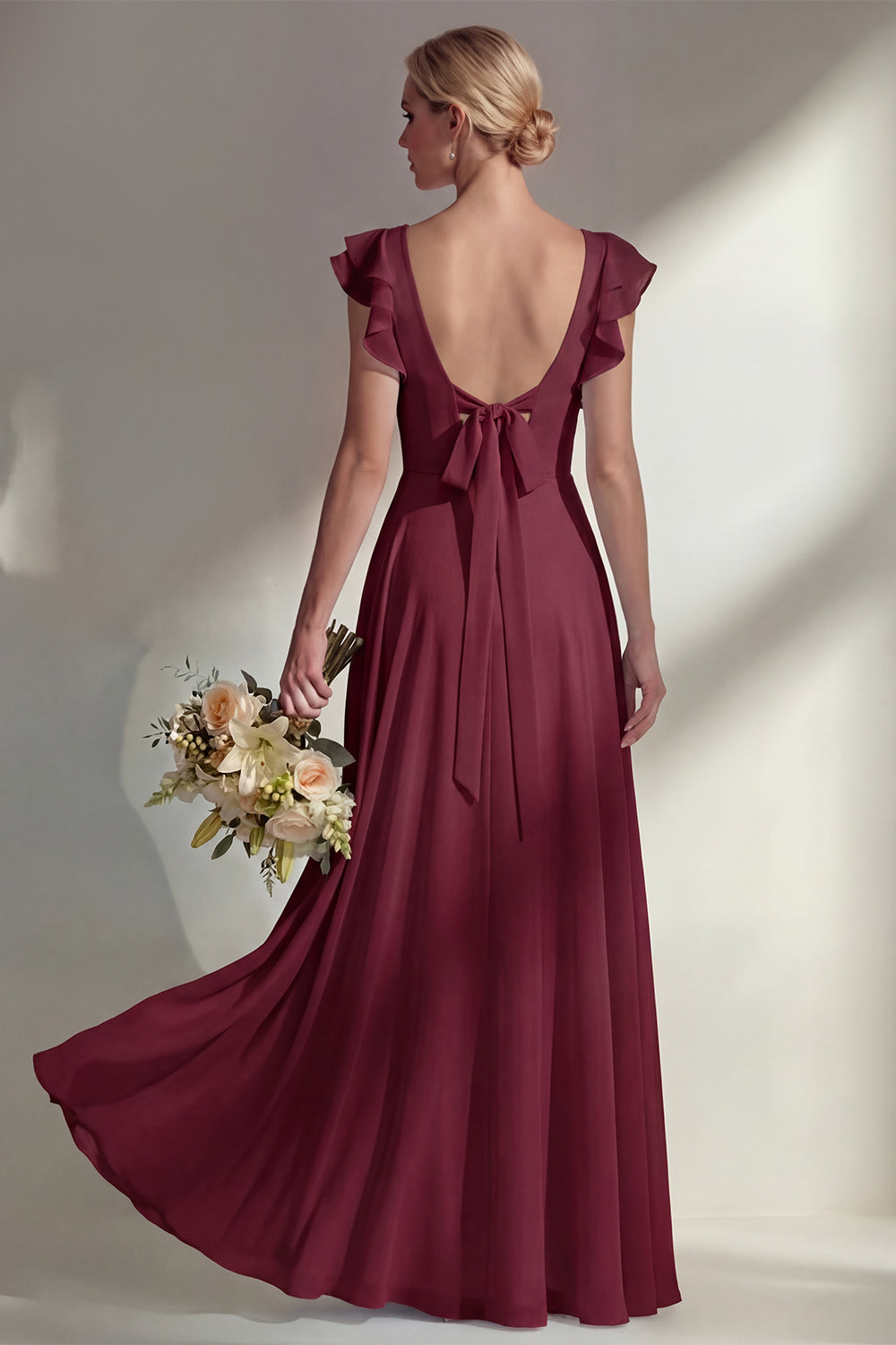 A Line Round Neck Ruffled Dusty Blue Long Bridesmaid Dress