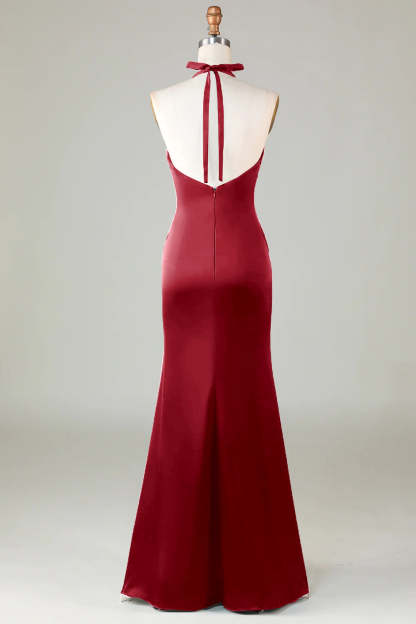 Mermaid Halter Dark Green Front Twist Maxi Bridesmaid Dress