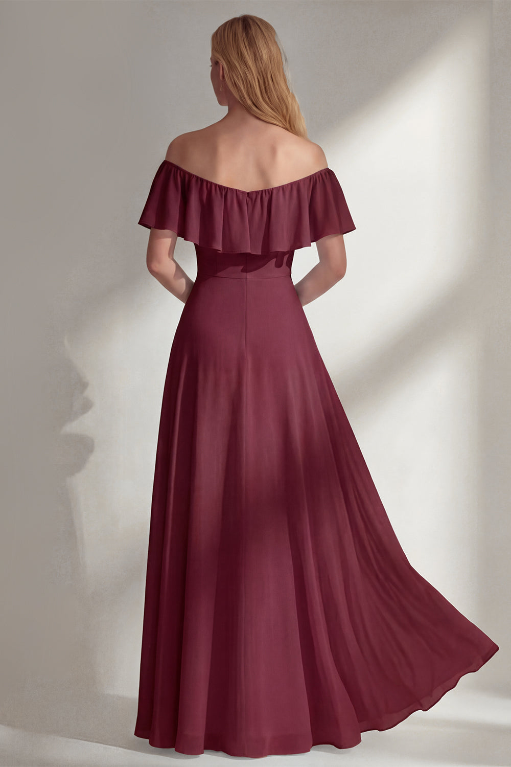 A Line Burgundy Ruffed Off the Shoulder Long Bridesmaid Dress with Slit