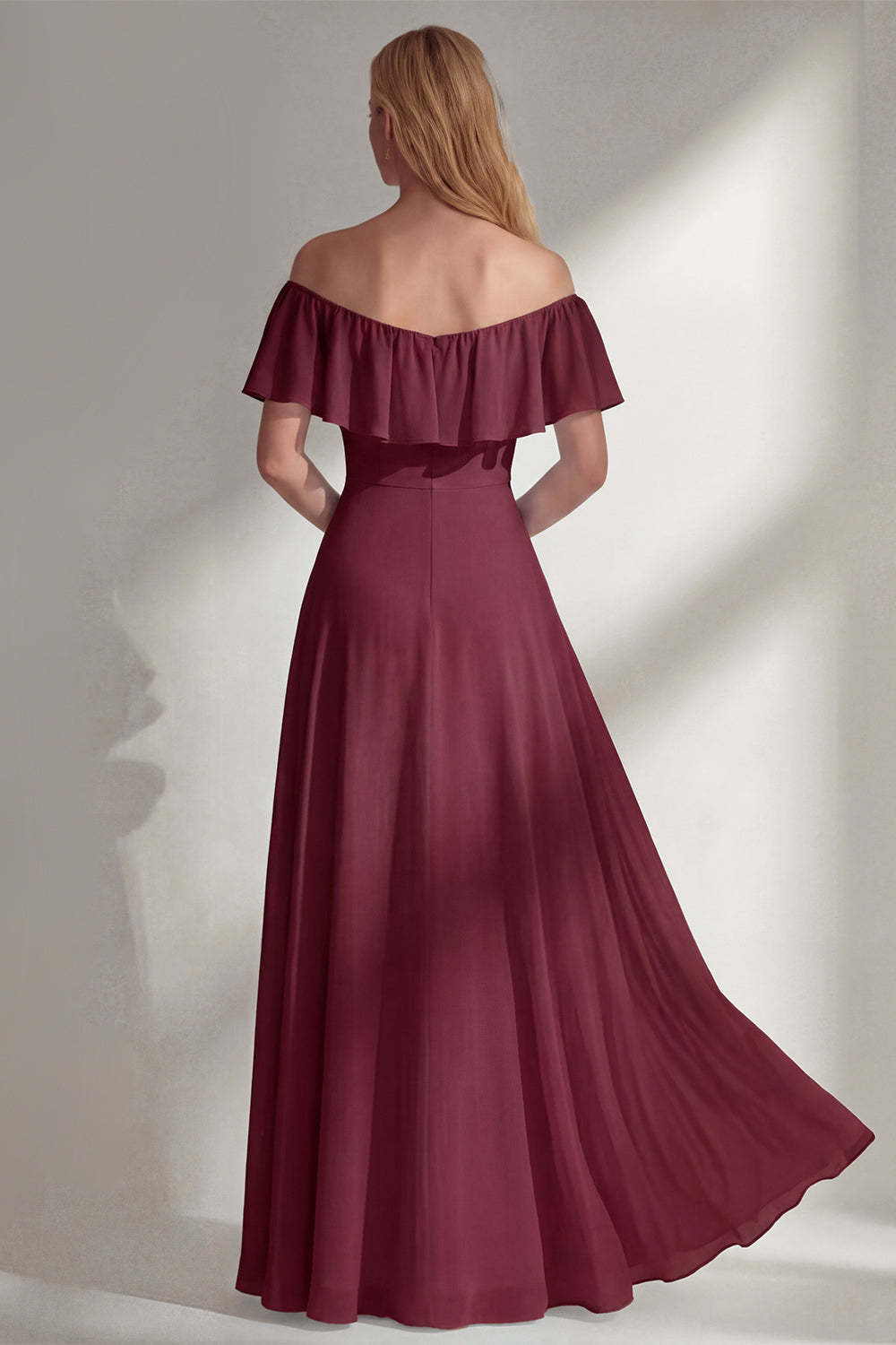 A Line Burgundy Ruffed Off the Shoulder Long Bridesmaid Dress with Slit