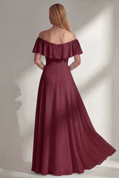 A Line Burgundy Ruffed Off the Shoulder Long Bridesmaid Dress with Slit