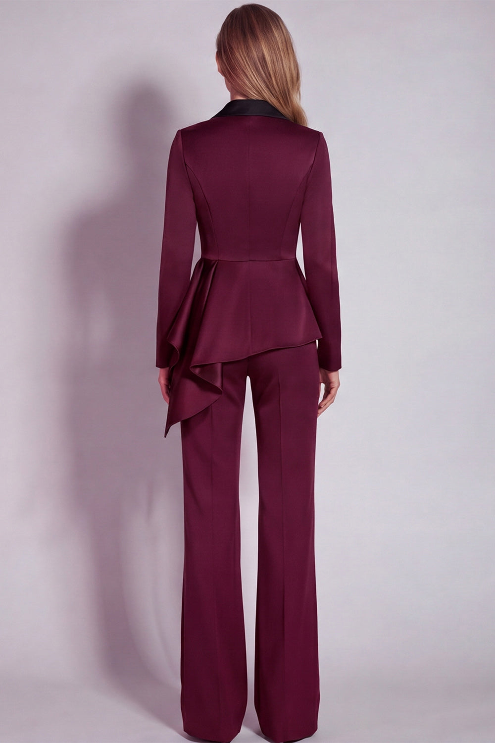 Long Sleeves Burgundy 2 Piece Notched Lapel Business Suits with Drape