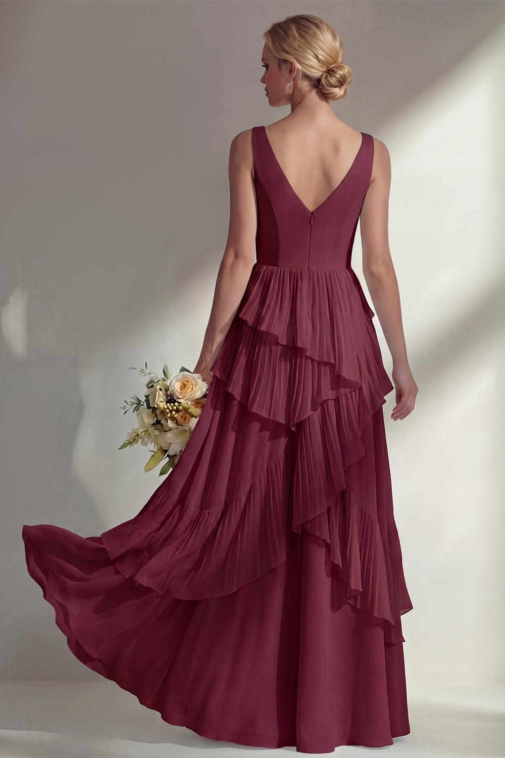 Sea Glass V Neck Ruffled Sleeveless Long Bridesmaid Dress