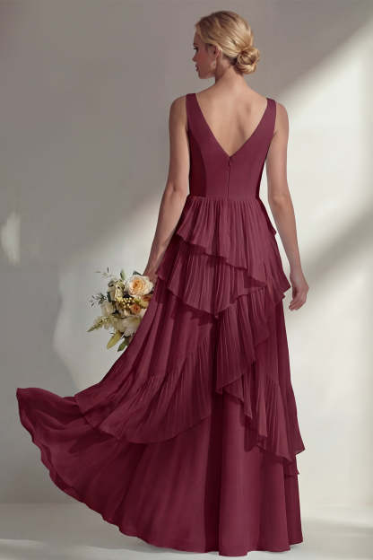 Sea Glass V Neck Ruffled Sleeveless Long Bridesmaid Dress