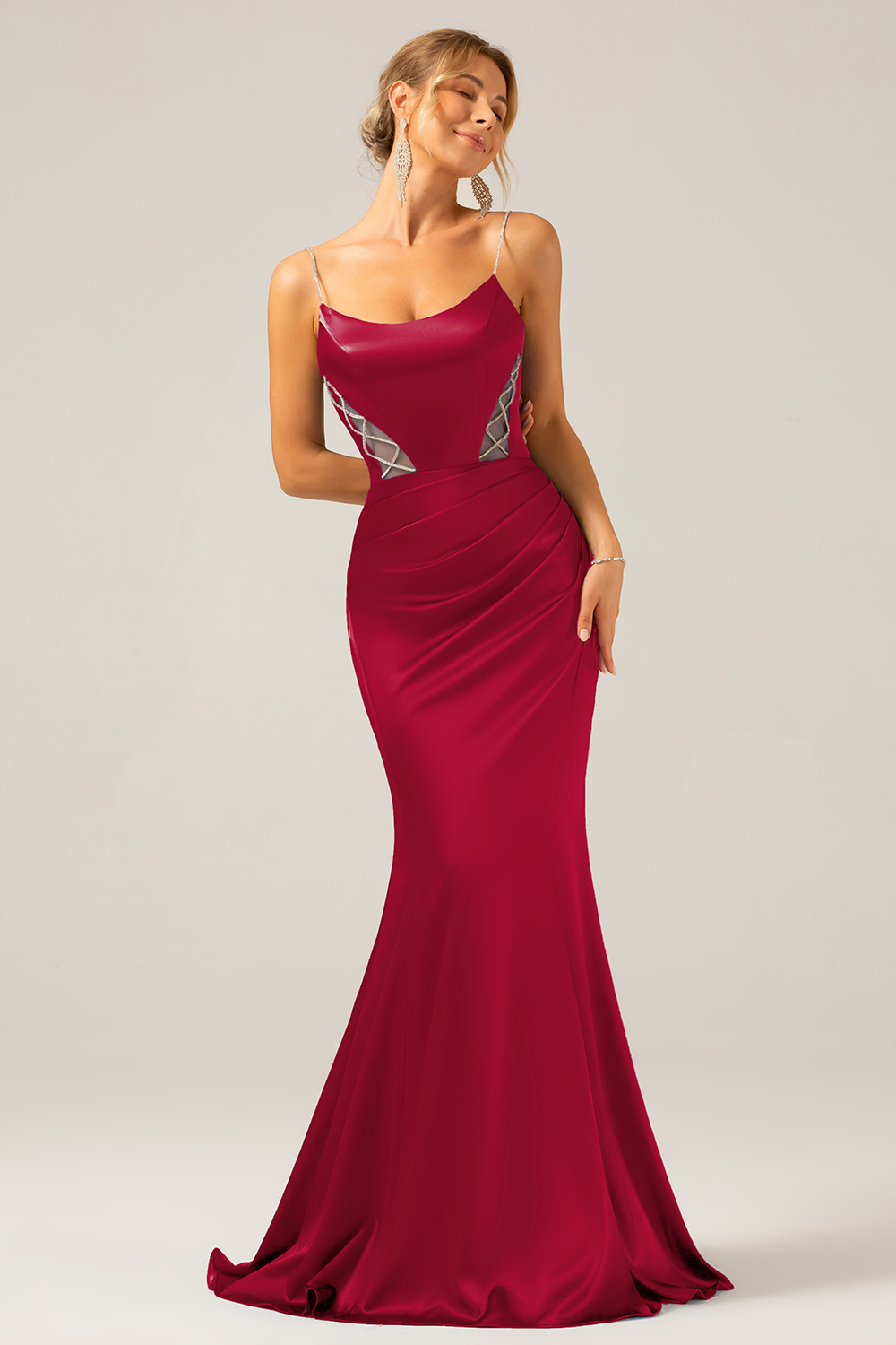 Grey Blue Mermaid Satin Spaghetti Straps Long Bridesmaid Dress