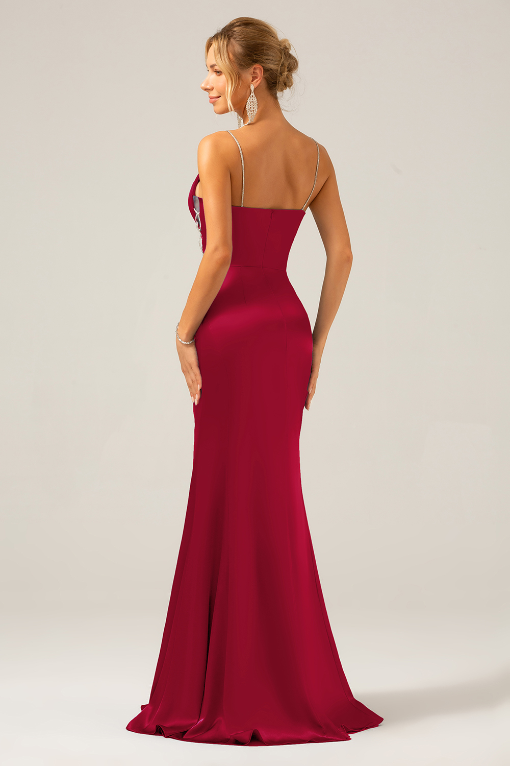 Grey Blue Mermaid Satin Spaghetti Straps Long Bridesmaid Dress