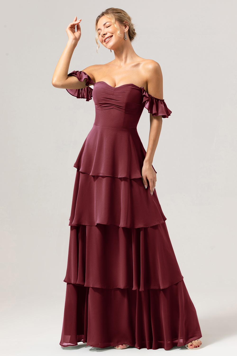 Eucalyptus Off the Shoulder Sweetheart Tiered A-Line Bridesmaid Dress