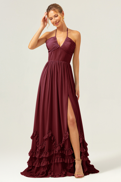 Dusty Sage Halter Corset Ruffled Chiffon Bridesmaid Dress with Slit