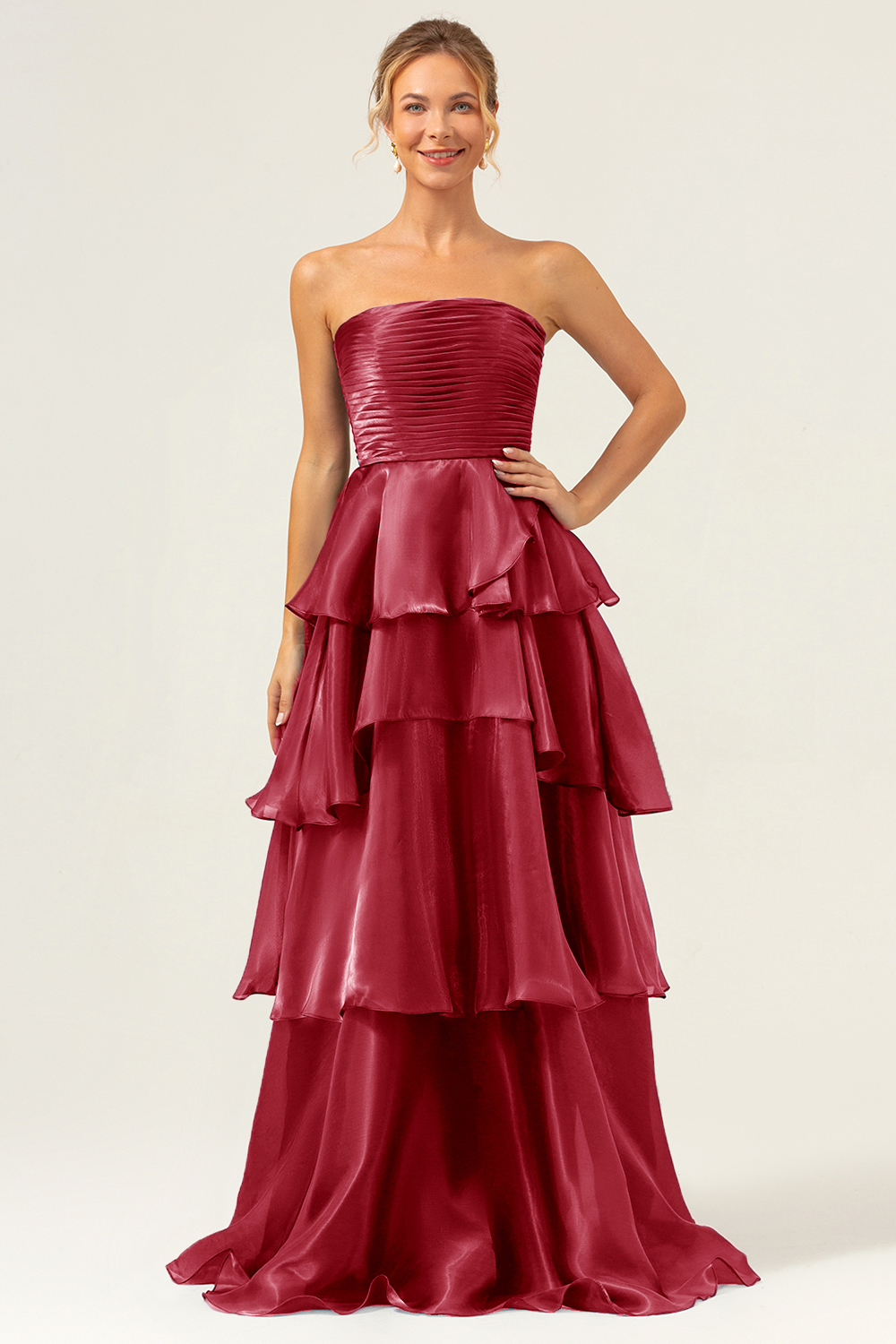 Dark Navy A Line Pleated Strapless Tiered Satin Bridesmaid Dress