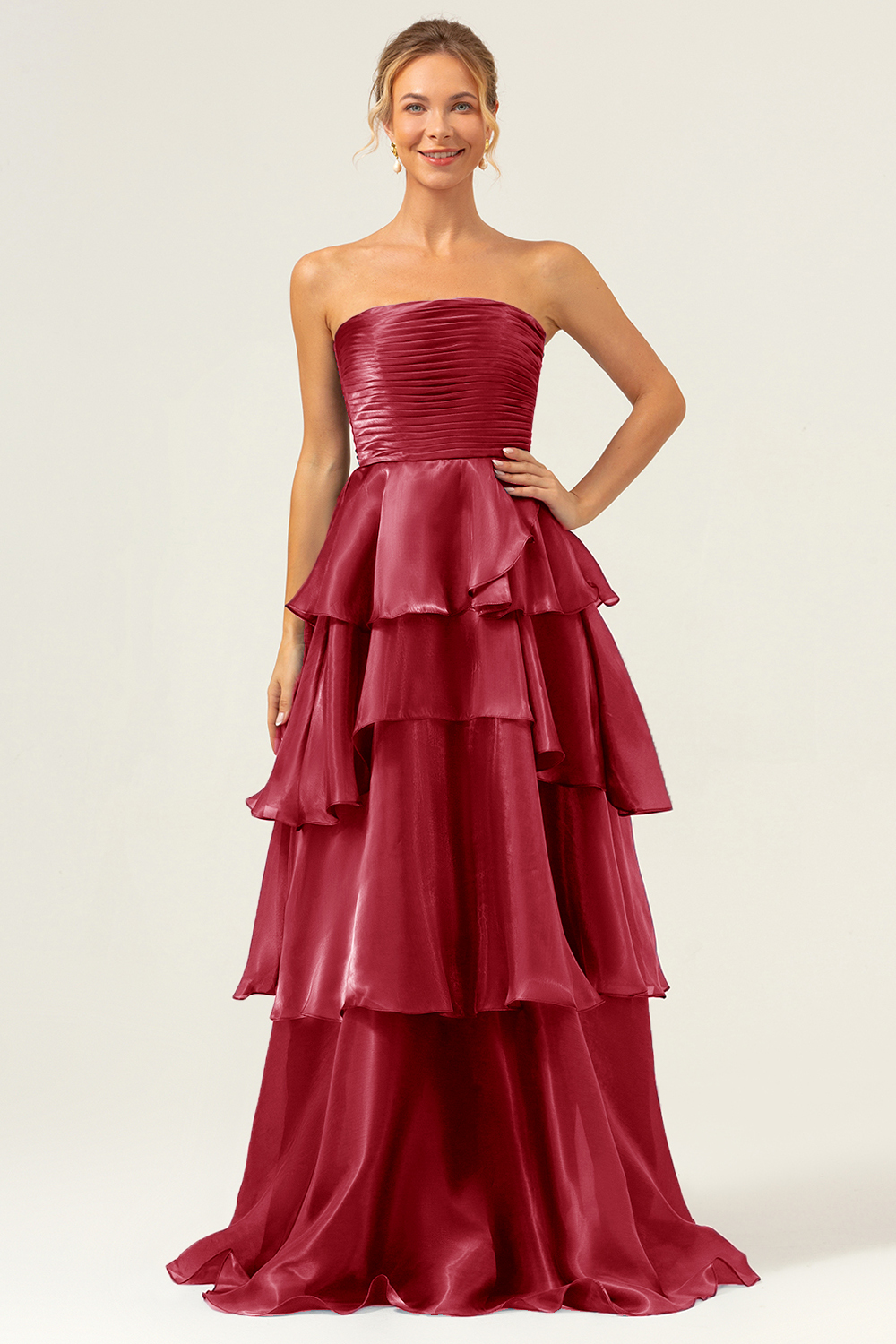 Dark Navy A Line Pleated Strapless Tiered Satin Bridesmaid Dress