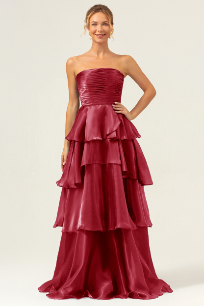 Dark Navy A Line Pleated Strapless Tiered Satin Bridesmaid Dress