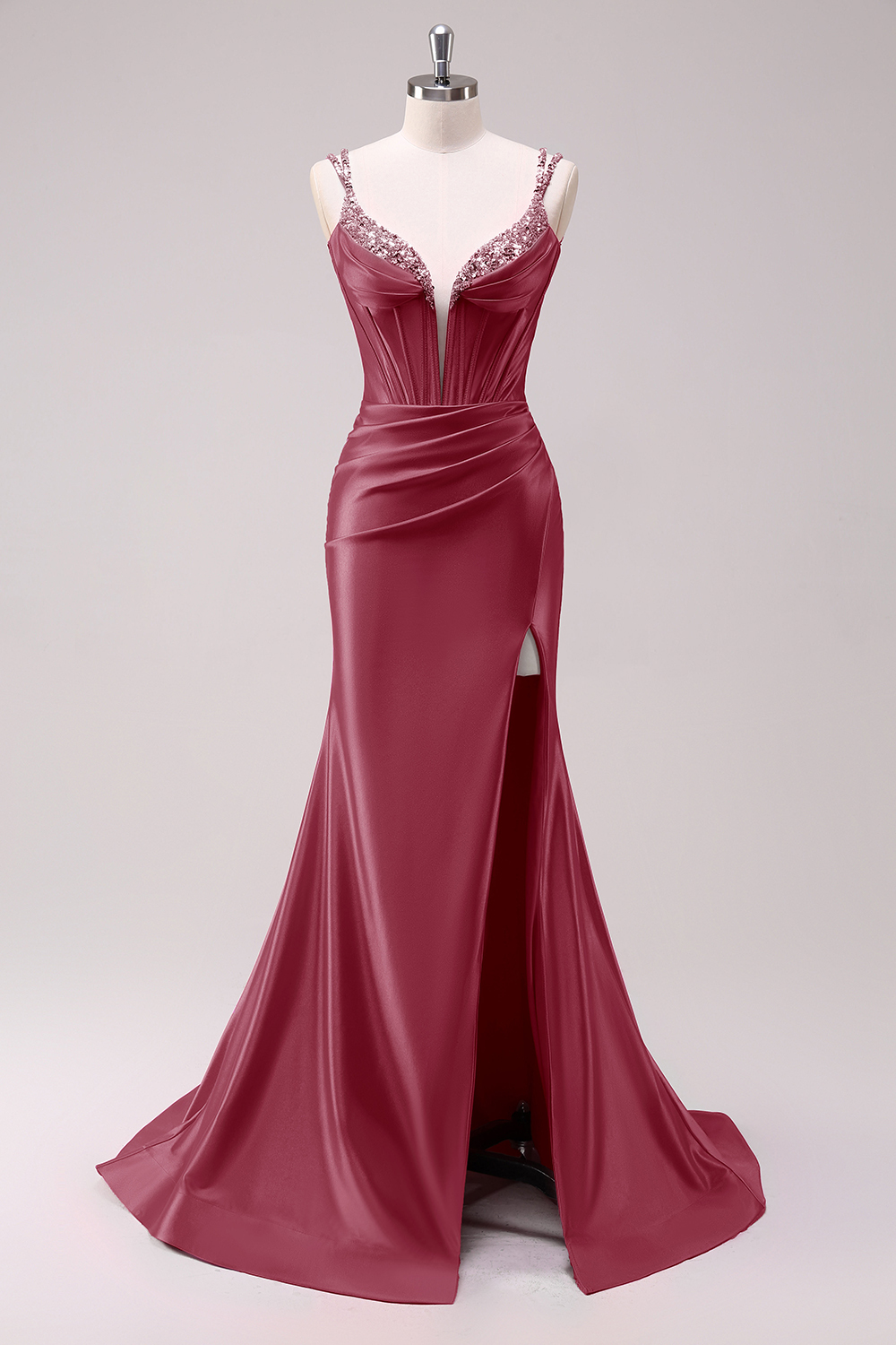 Fuchsia Mermaid Corset Sequin Sweep Train Prom Dress with Slit