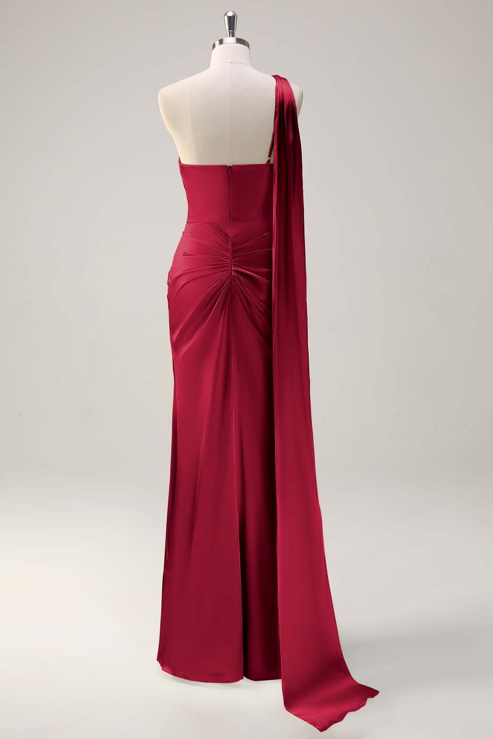 Sage One Shoulder Sheath Satin Watteau Train Bridesmaid Dress