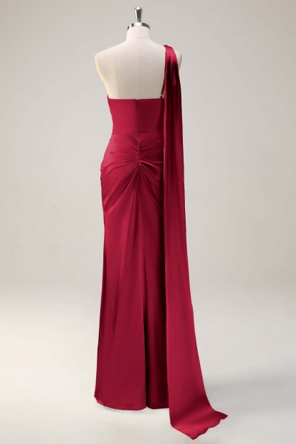 Sage One Shoulder Sheath Satin Watteau Train Bridesmaid Dress
