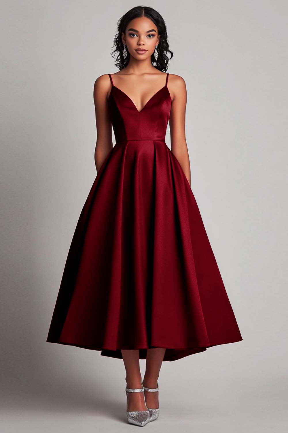 Red Satin A-Line Spaghetti Straps Tea Length Formal Dress