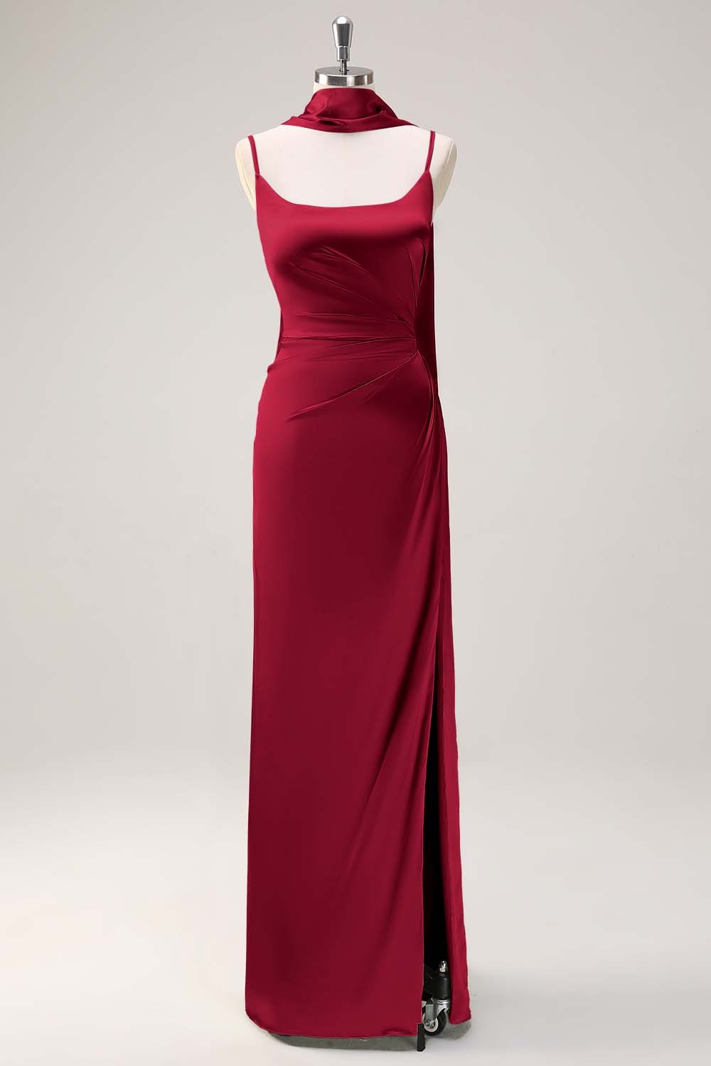 Sage Scoop Neck Sheath Satin Bridesmaid Dress with Ribbon