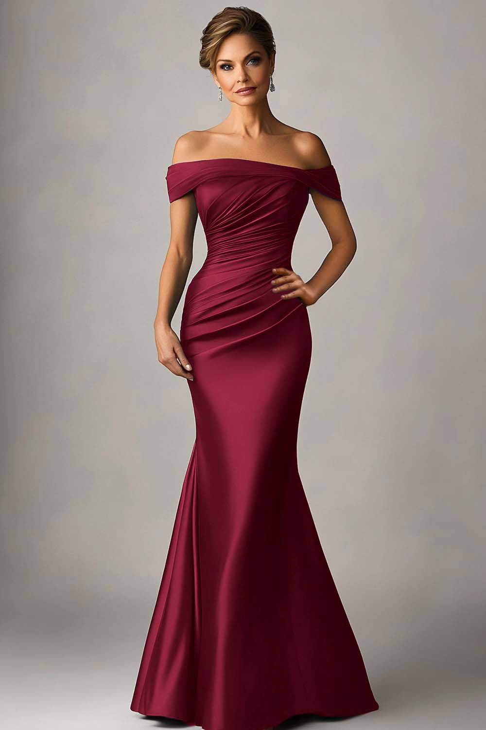 Peacock Blue Off the Shoulder Mermaid Satin Ruched Formal Dress