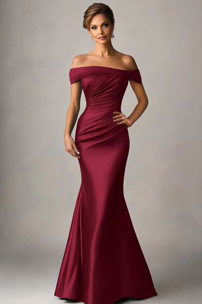 Peacock Blue Off the Shoulder Mermaid Satin Ruched Formal Dress