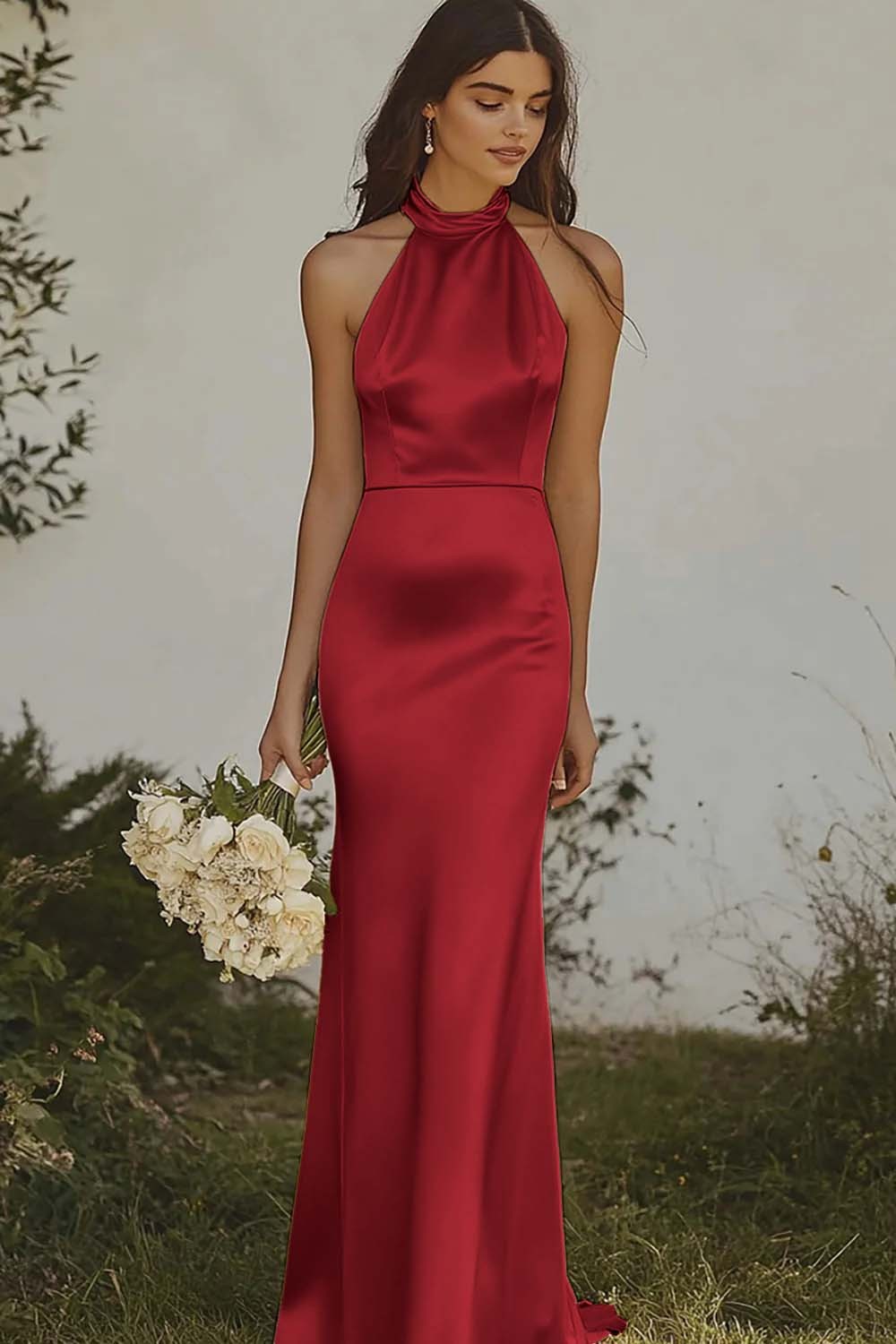 Elegant Light Yellow Sheath Halter Long Satin Bridesmaid Dress