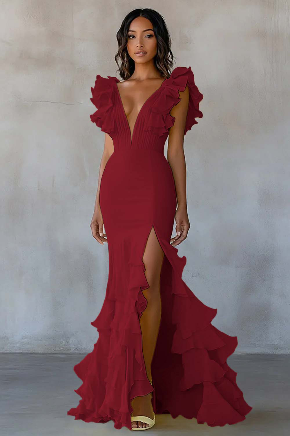 Yellow Chiffon V Neck Mermaid Ruffled Maxi Formal Dress with Slit