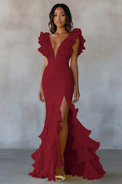 Yellow Chiffon V Neck Mermaid Ruffled Maxi Formal Dress with Slit