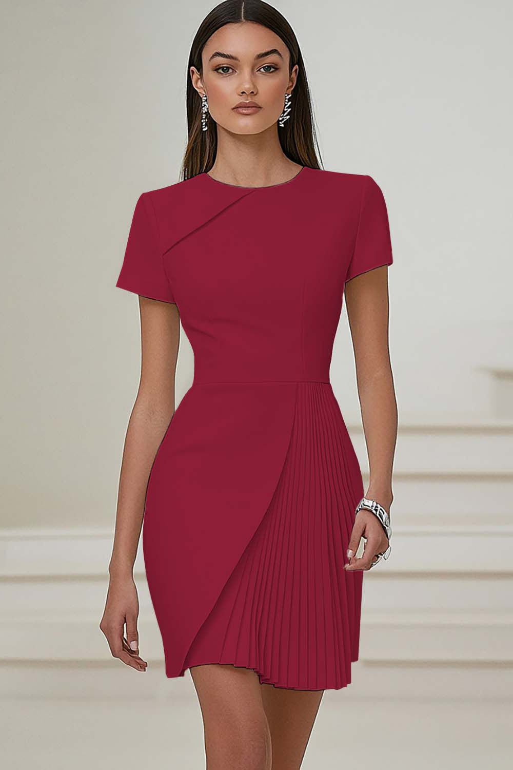 Ivory Jewel Neck Short Sleeves Bodycon Work Dress with Pleats