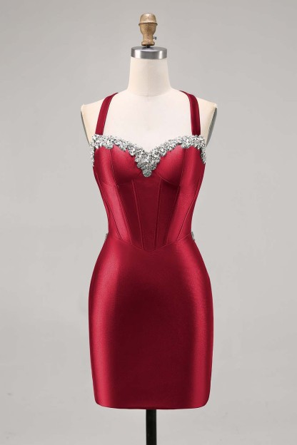 Dark Green Corset Satin Short Tight Sparkly Homecoming Dress with Beading