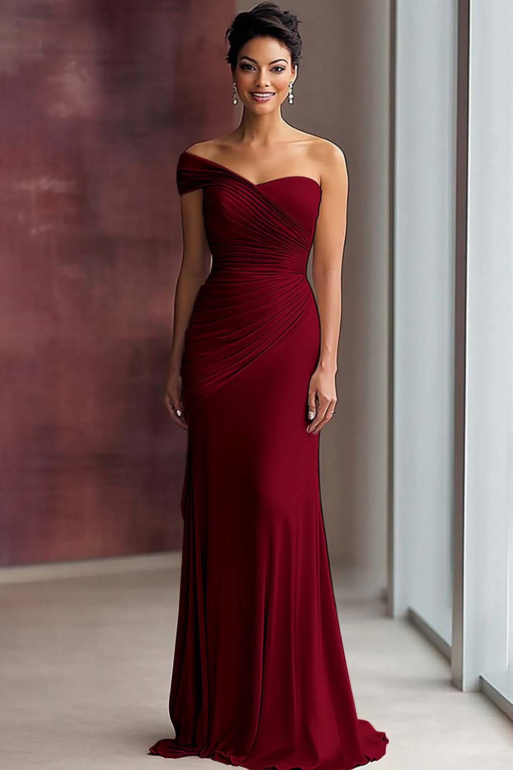 Light Khaki One Shoulder Sheath Ruched Gala Dress