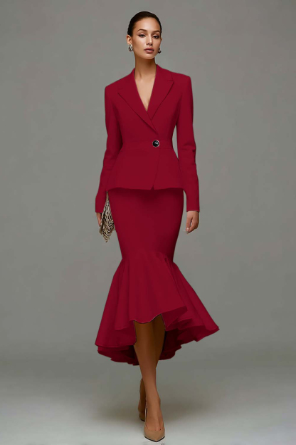 Ivory Satin Notched Lapel 2 Piece Mermaid Midi Business Suits with Ruffles