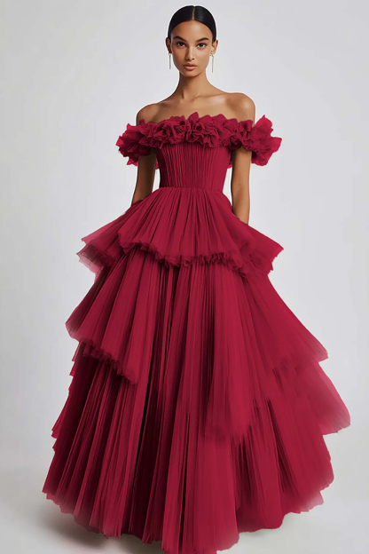 Dusty Sage Ball Gown Tulle Tiered Long Formal Dress with Ruffles