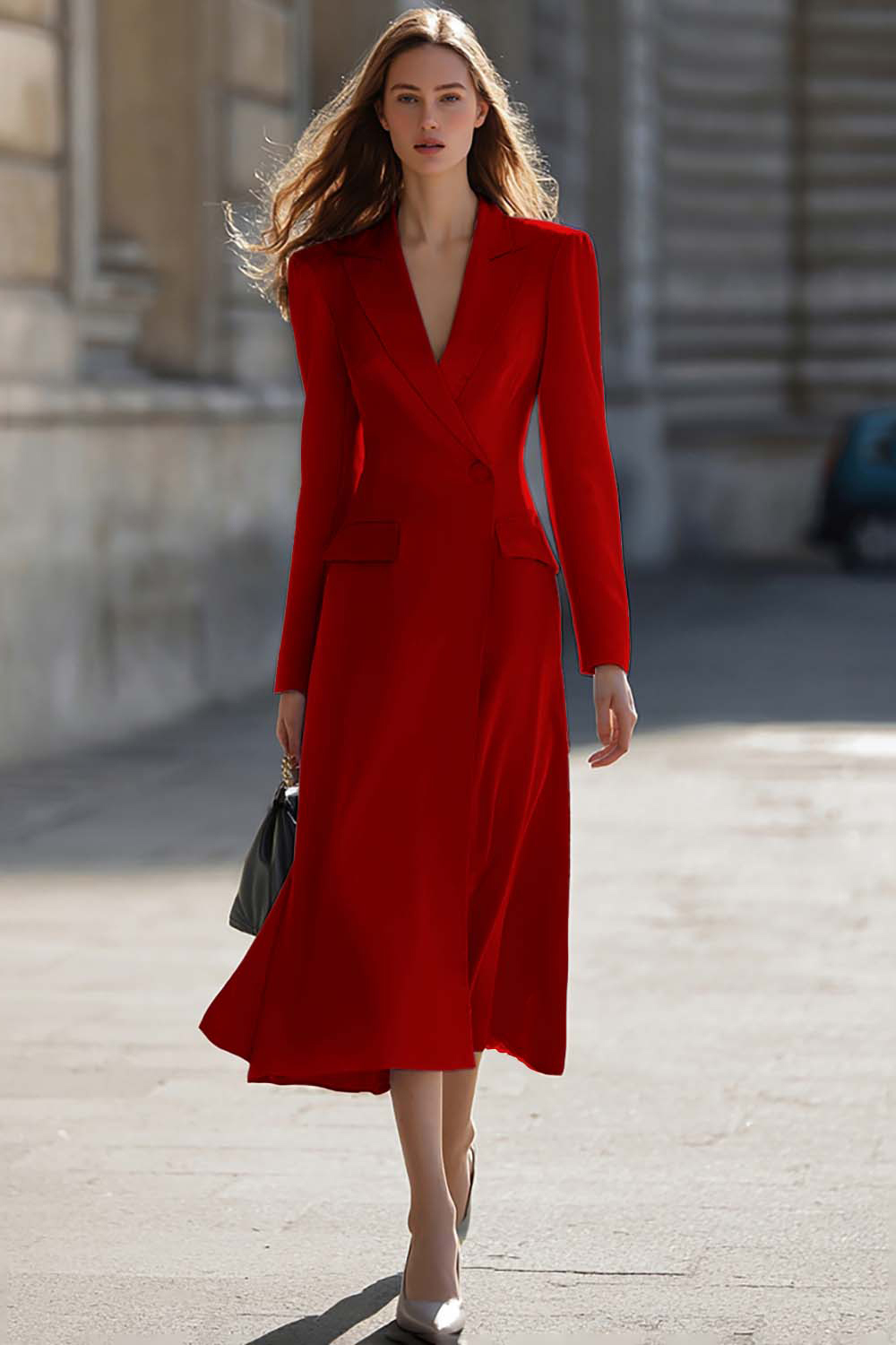 Sky Blue Midi Peak Lapel Pencil One Button Blazer Dress with Sleeves