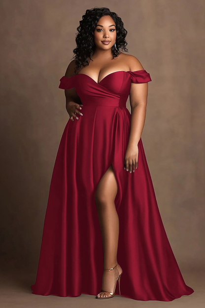 Navy Plus Size Off the Shoulder Long Satin A Line Formal Dress with Slit