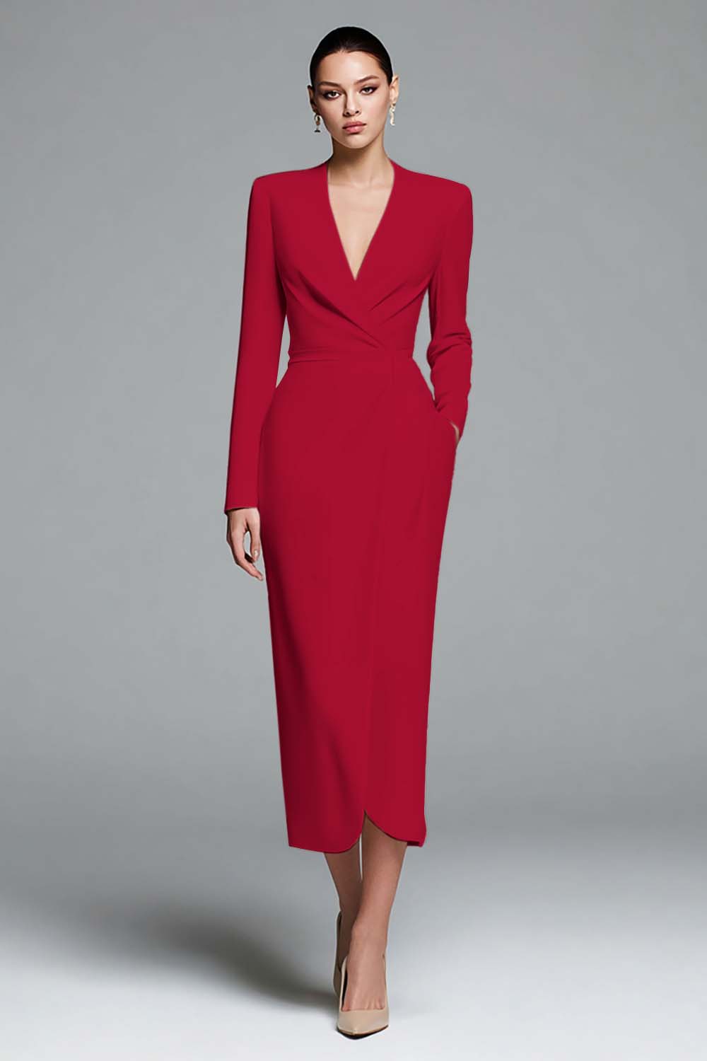 Simple Ivory Satin Sheath V-Neck Long Sleeves Work Dress