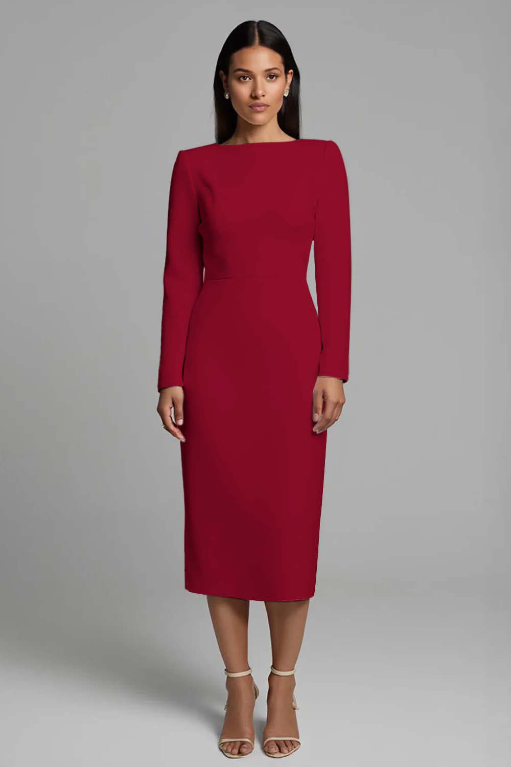 Simple Pencil Ivory Plus Size Bateau Neck Midi Work Dress with Slit