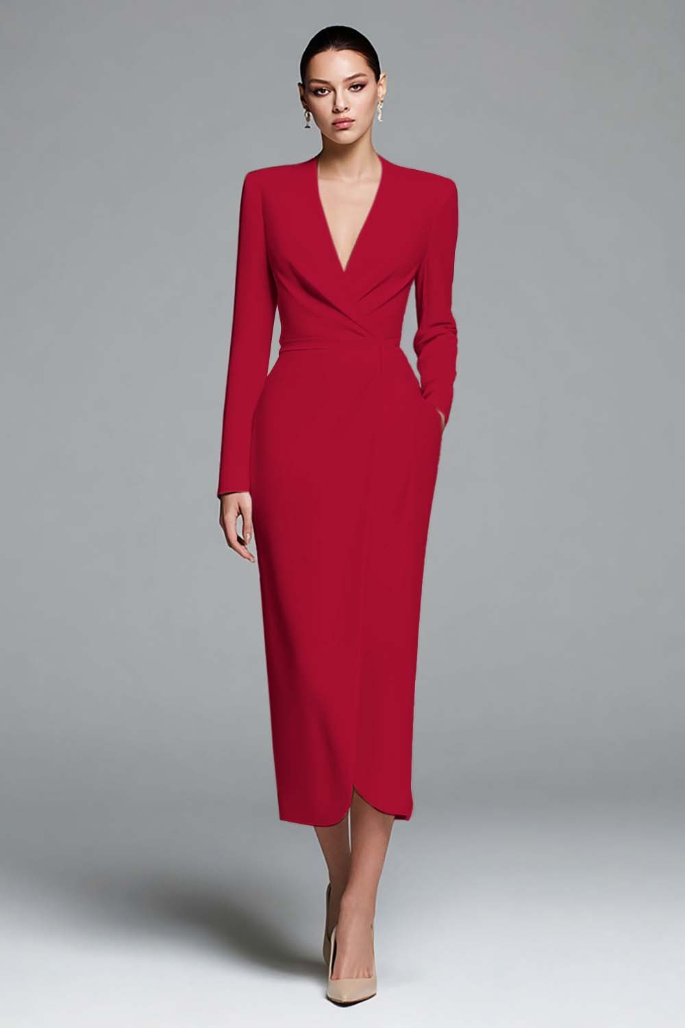 Simple Ivory Satin Sheath V-Neck Long Sleeves Work Dress