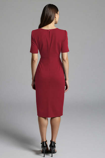 Navy Bodycon V-Neck Satin Midi Work Dress with Sleeves