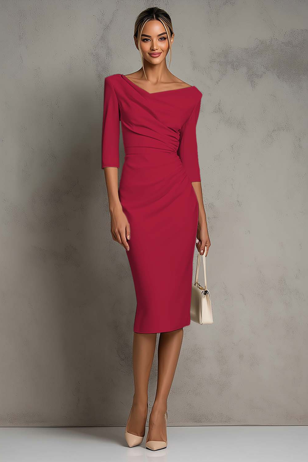 Simple Ivory Ruched Pencil Midi Work Dress with Slit