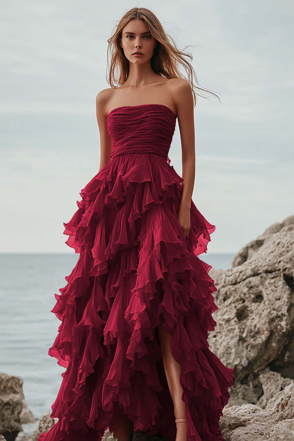 Fuchsia Tulle Strapless A Line Ruffled Long Formal Dress with Slit