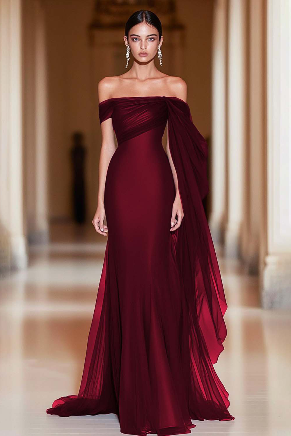 Leely Women Cabernet Formal Dress with Ruffles Sheath Off the Shoulder Long Gala Dress