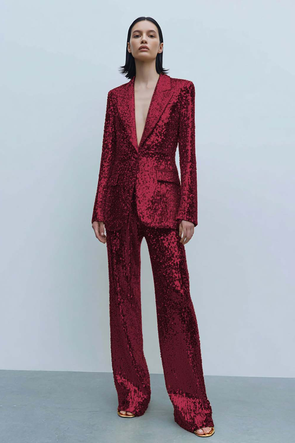 Sparkly Gold 2 Piece Sequined Women Prom Party Suits with Pockets