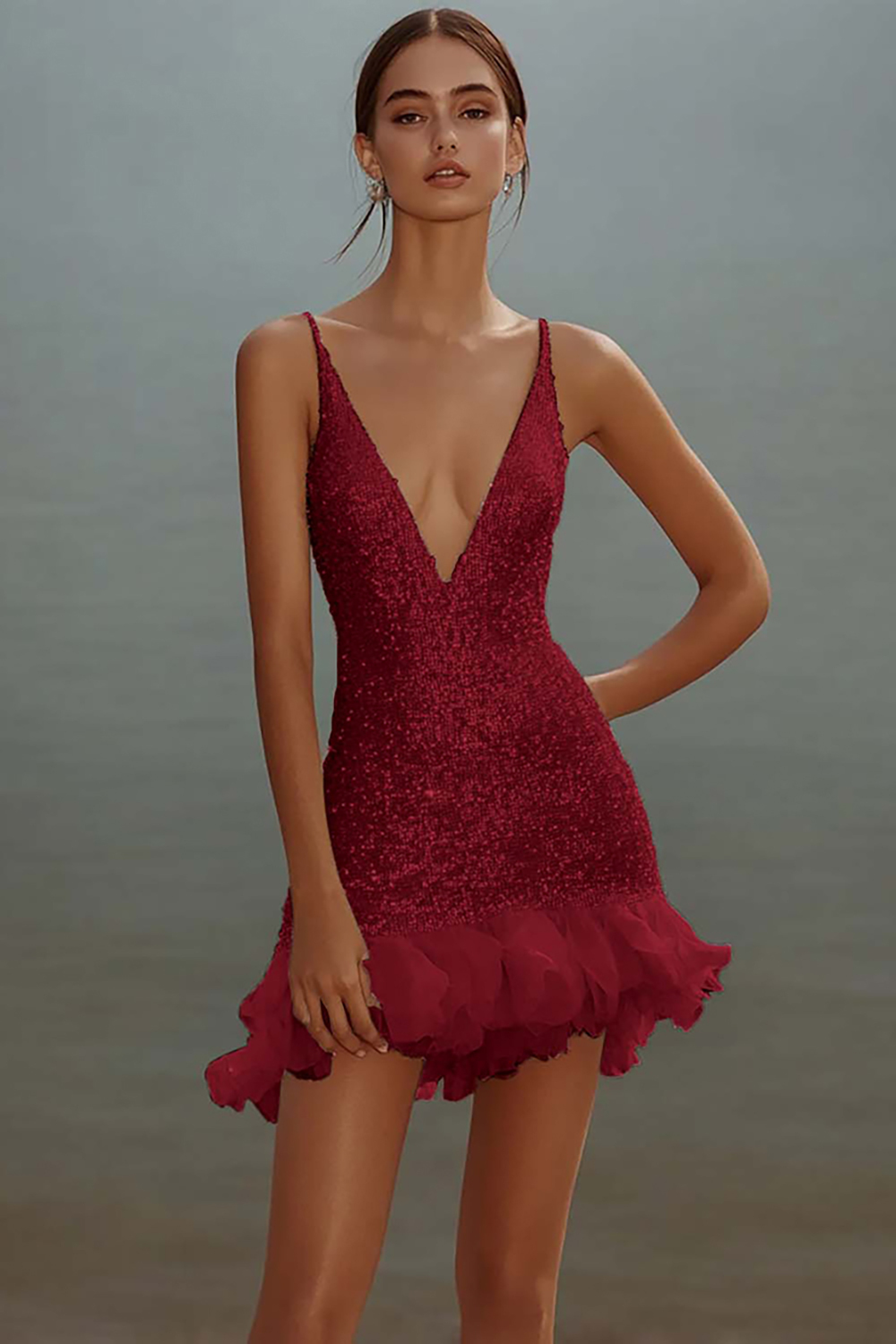 Sparkly White Bodycon Sequined V-Neck Mini Graduation Dress